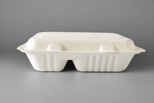 9" x 6" 2-Compartment Bagasse Clamshell