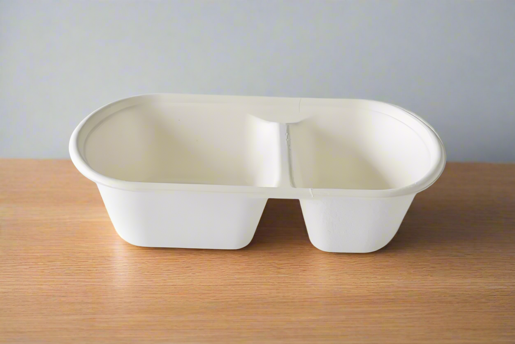 2-Compartment Oval Bagasse Container | Base Only | Compostable | Take-Away